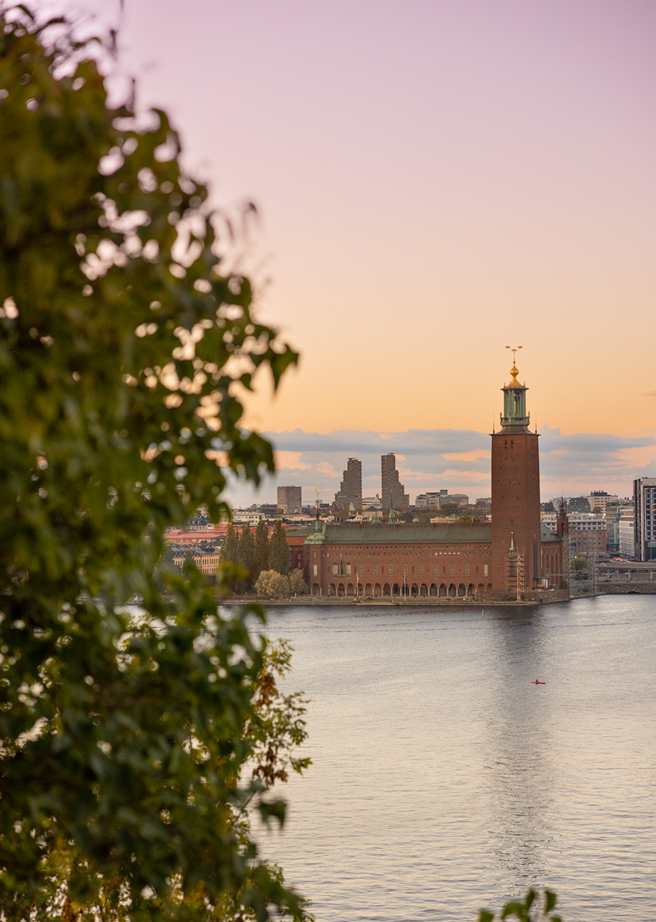 Solnedgång över Stockholms stadshus sett från vattnet